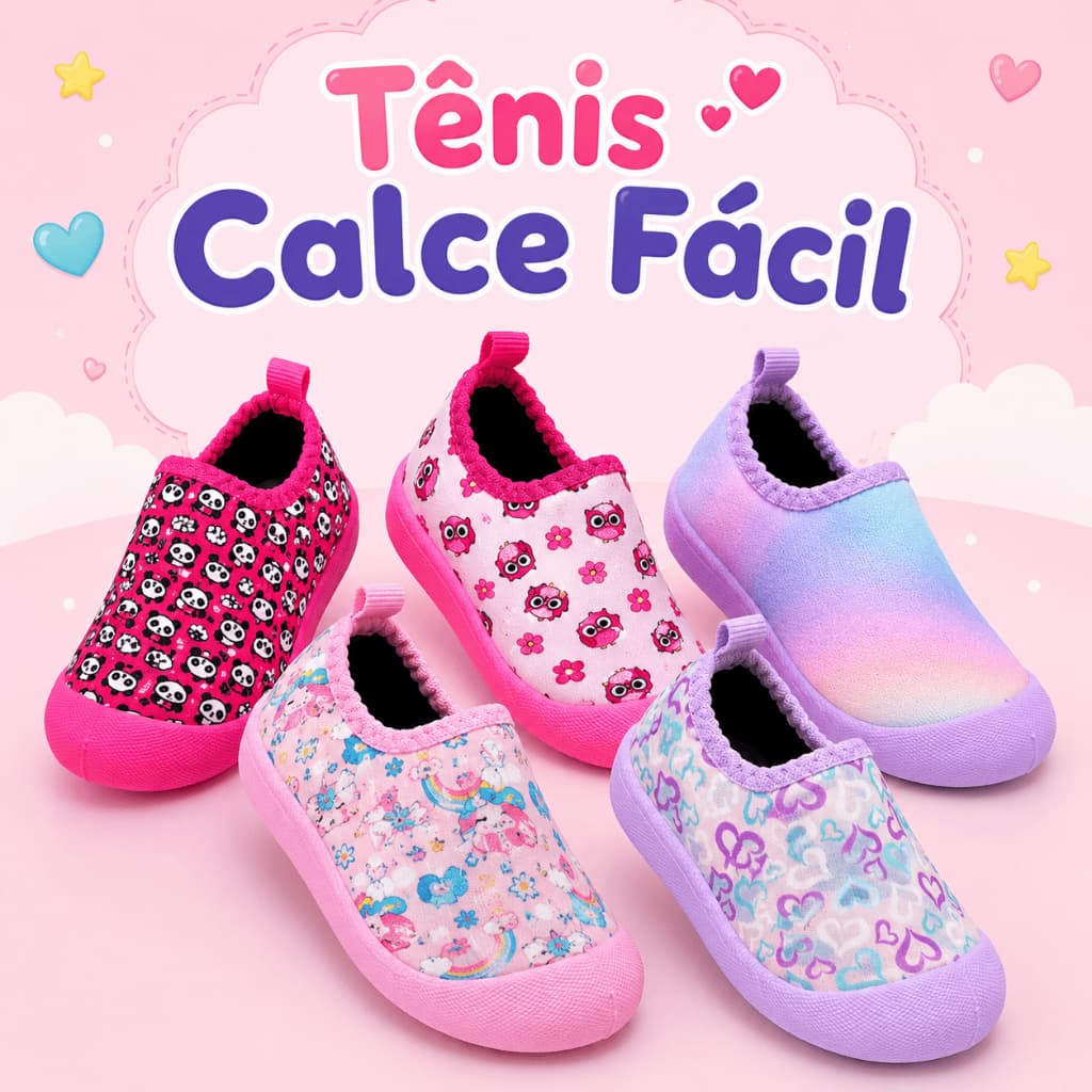 Tênis Infantil Feminino Calce Fácil Menina Leve Confortável Criança Tipo Meia Antiderrapante