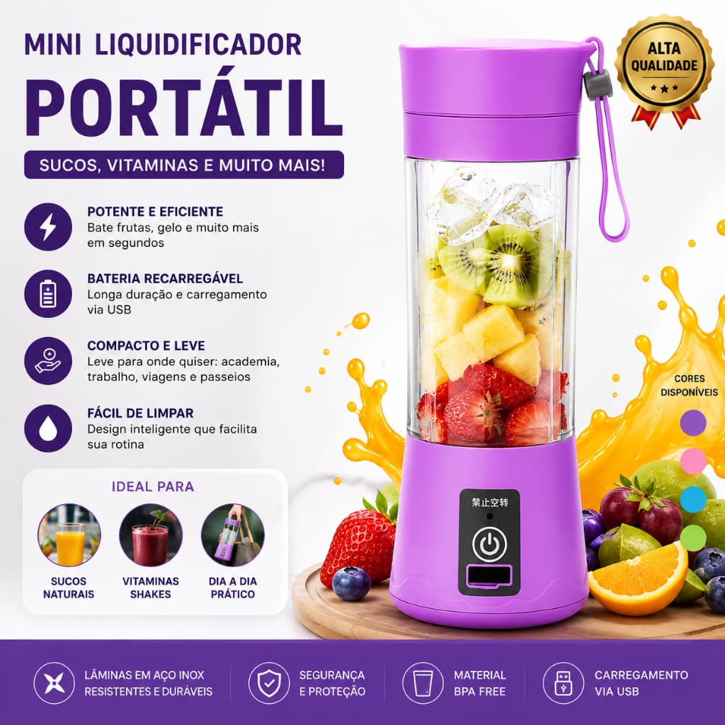 Mini Liquidificador Portátil Recarregável USB Shake Suco Detox Mixer Fitness
