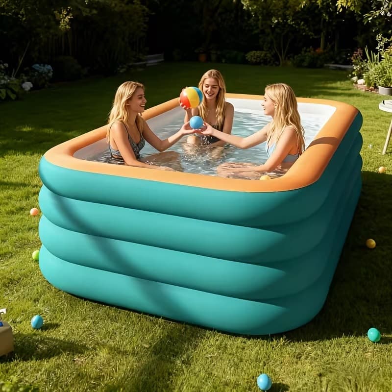 Piscina Inflável Retangular Azul 3 Anéis PVC Resistente Infantil e Adulto Fácil Montagem Verão Piscina.