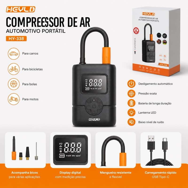 Compressor de Ar Portátil Digital 150 PSI, USB, Lanterna SOS – Carro, Moto, Bicicleta e Bola