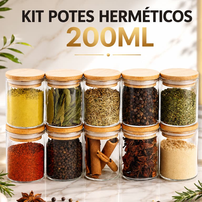 Kit Potes Hermético 200ml Mantimentos Vidro Tampa De Bambu