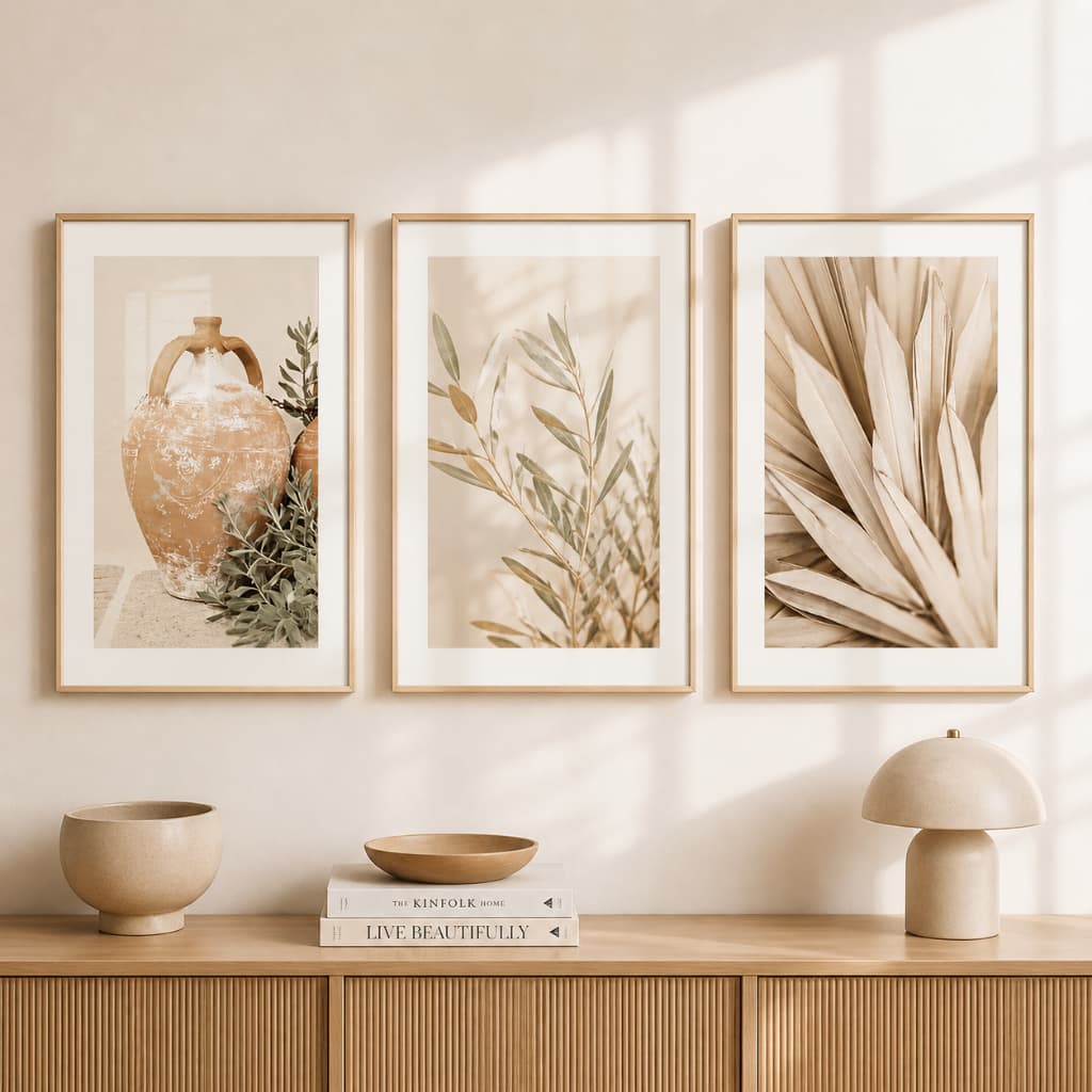 Kit 3 Quadros Decorativos Sala e Quarto Minimalista Vaso Rústico Folhas Palmeira Bege Terracota Neutro Com Moldura