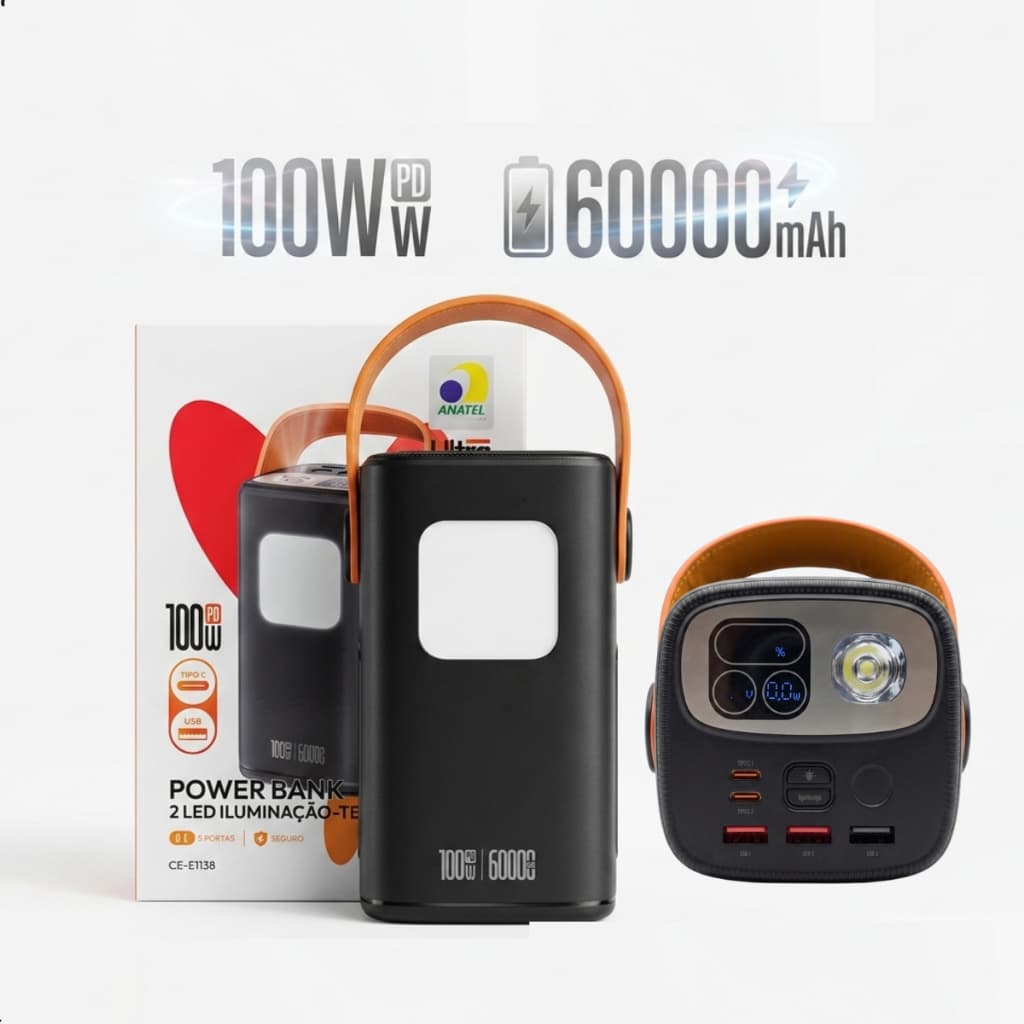Power Bank Ultra 60000mAh 100W PD Carregamento Turbo Notebook 5 Portas Lanterna StarLink Portátil