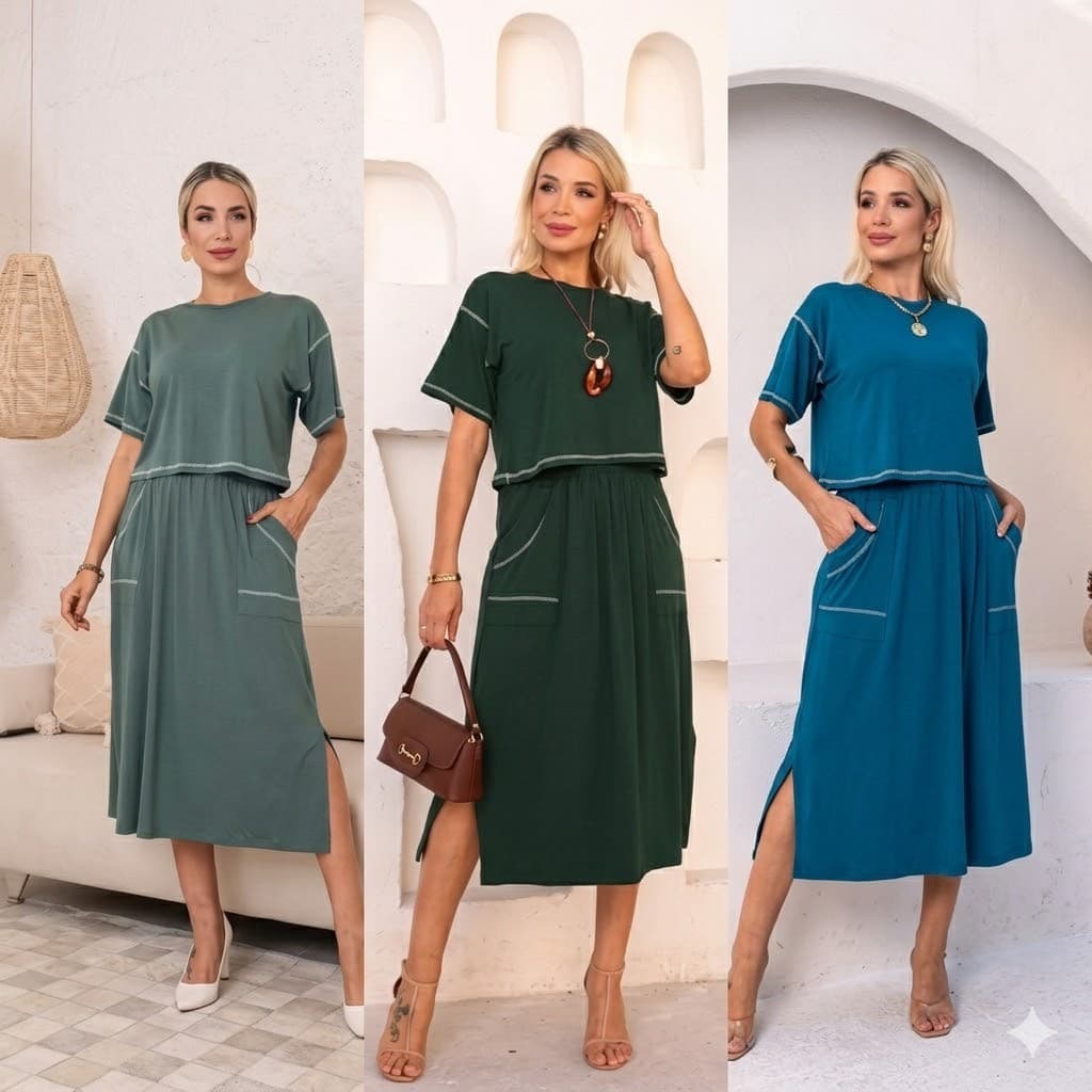 conjunto feminino saia e blusa moda feminina pespontado elegante confortável moderno midi casual com bolso estiloso