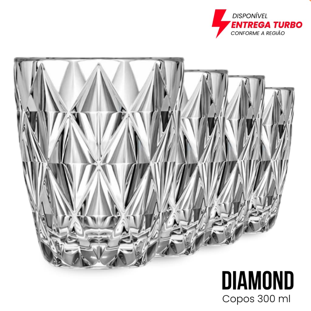 Jogo de Copos de Vidro Diamond 300ml Kit com 6 ou 12 Copos