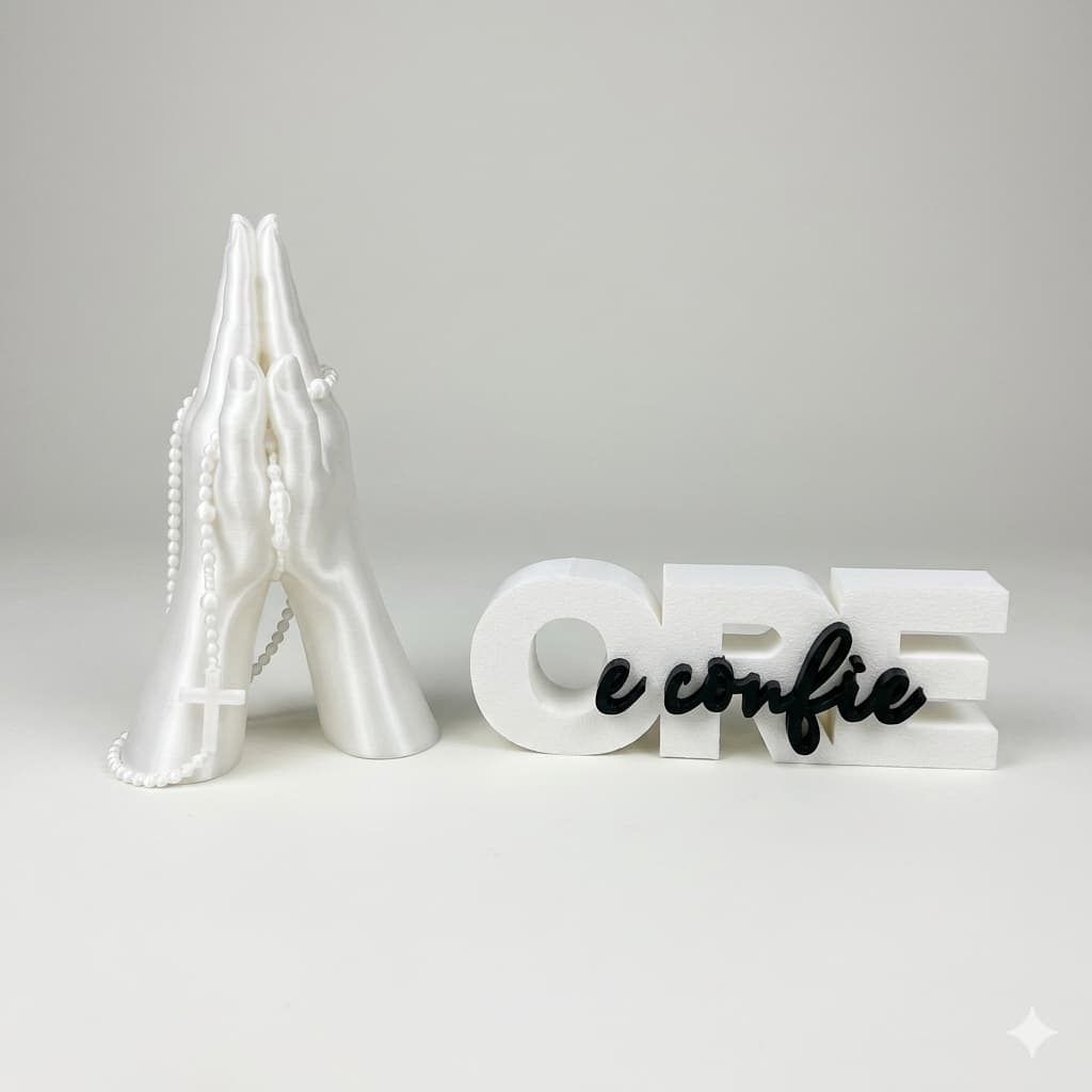 Kit Decorativo Fé Mãos em Oração + Ore e Confie Religioso Moderno Branco Decoração Sala Aparador Escritório Minimalista