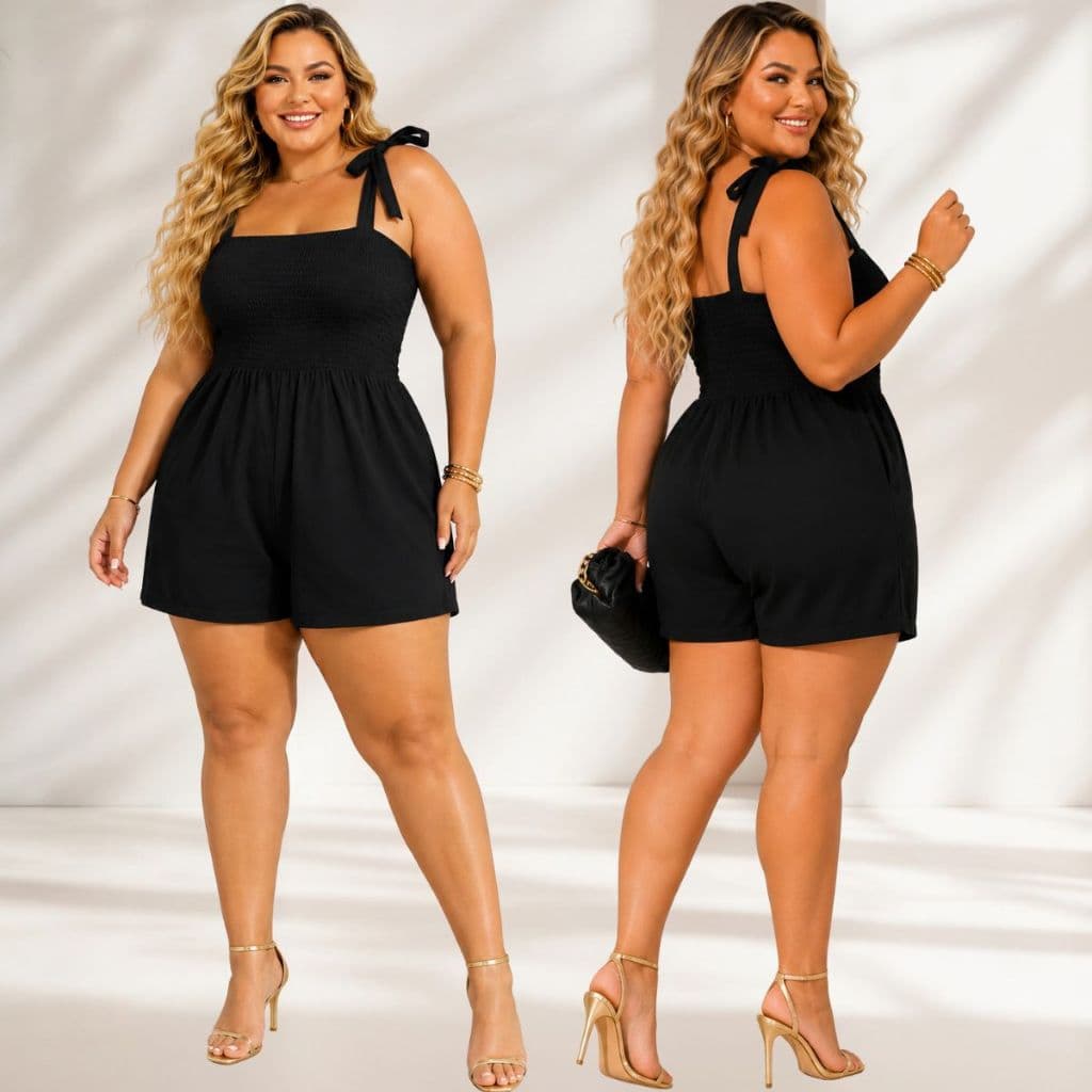 Macaquinho Feminino Plus Size Soltinho Casual Versátil Moda Verão Busto Lastex Franzido Alça Larga de Amarrar.