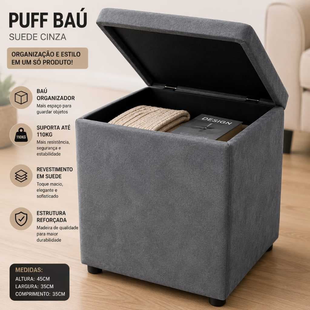Puff Baú Decorativo CINZA SUEDE Organizador Reforçado Porta Objetos