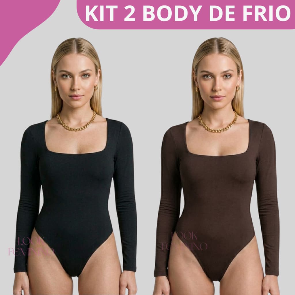 kit 2 Body Feminino Manga Longa Bory Decote Quadrado Segunda Pele de Frio Estiloso Forro Duplo Suplex Elegante Inverno