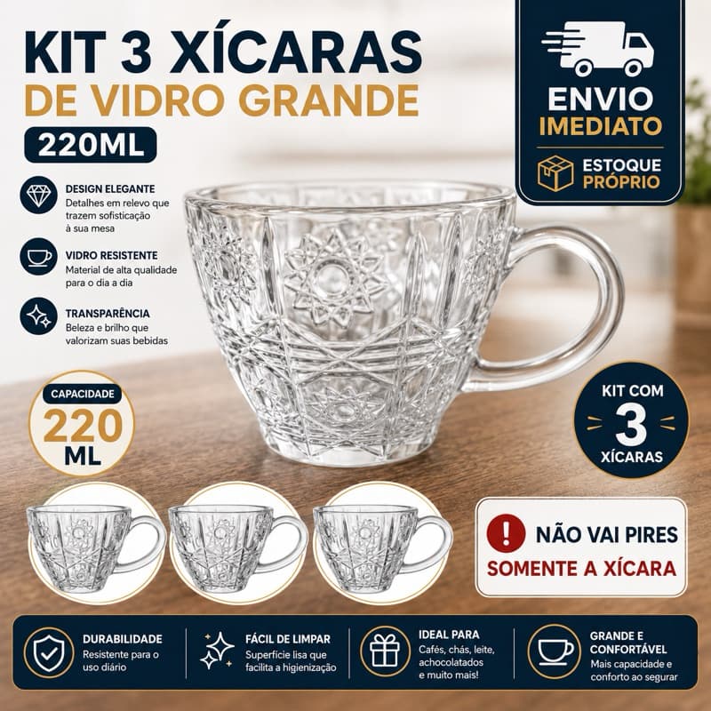 Kit 3 Xícaras Caneca Cafe de Vidro Grande para Chá Vidro Bohemia  220ml Servir Mesa Posta Resistente