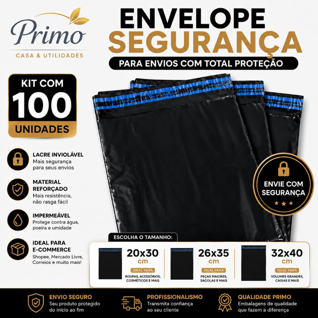 100 Envelopes Segurança 20x30 26x35 32x40 Preto Reforçado Embalagem Para Envios Ecommerce