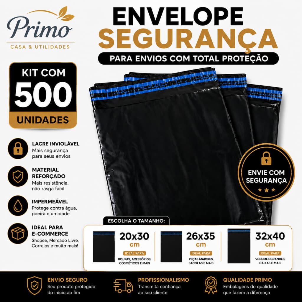 500 Envelopes Segurança 20x30 26x35 32x40 Preto Reforçado Embalagem Para Envios Ecommerce