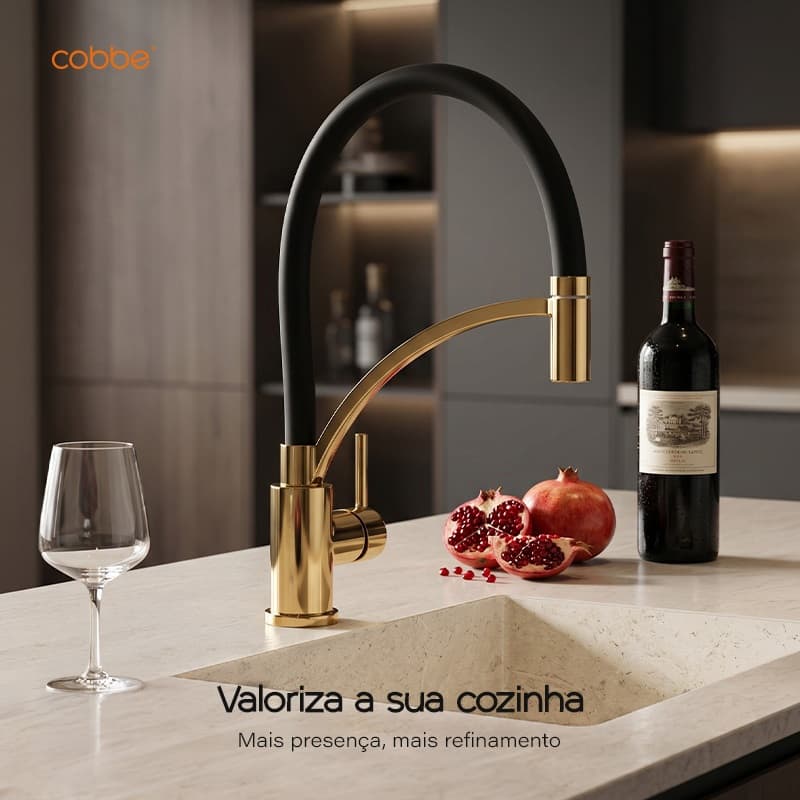 Torneira de Cozinha Monocomando Água Quente e Fria Flexível 360° Aço Inox 304 Dourada Heemli