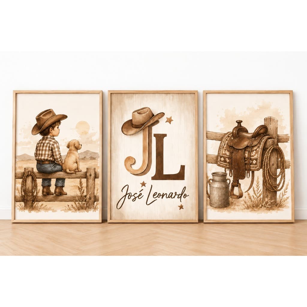 Quadro Decorativo Cowboy Cachorro Cela Marrom Chapéu Nome Personalizado Menino Infantil Criança Fofo