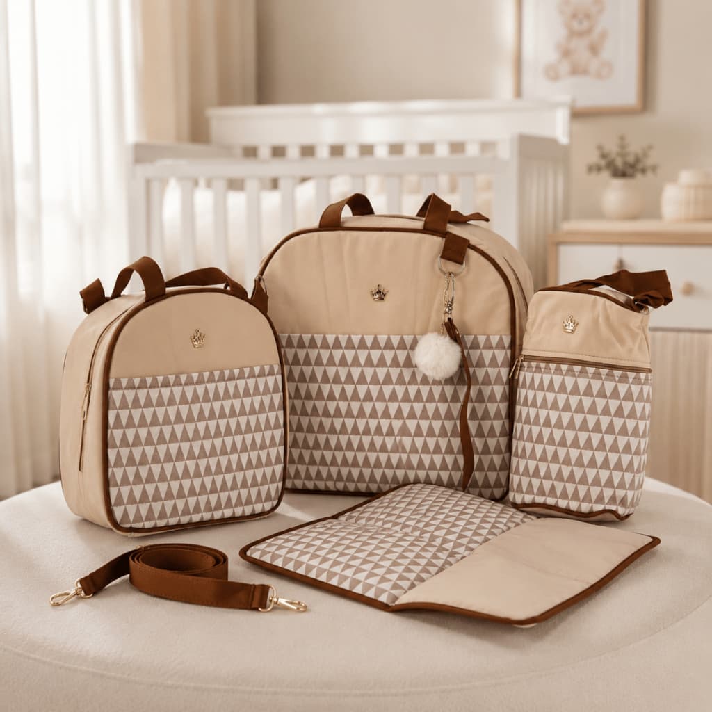 Kit Maternidade 5 Peças Bege Triângulo Luxo Impermeável Mala Bolsa Porta Mamadeira e Trocador
