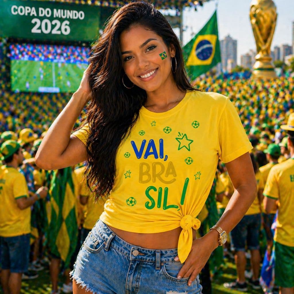 Camiseta Vai Brasil Copa 2026 Feminina Baby Look Seleção Brasileira Torcida Futebol Moda Casual Algodão Verde Amarelo