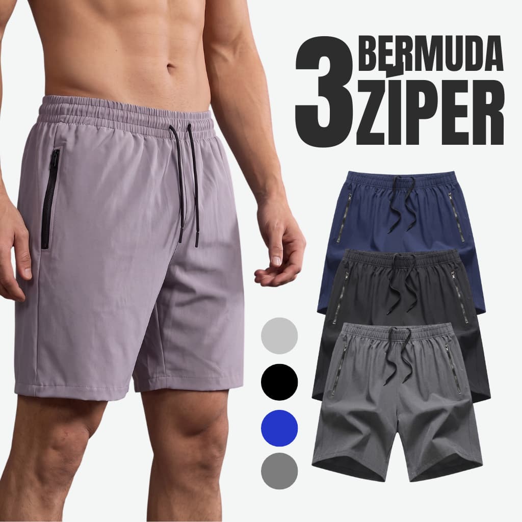 KIT COM 3 BERMUDA ACADEMIA COM ZIPER TACTEL COM ELASTANO  MASCULINA