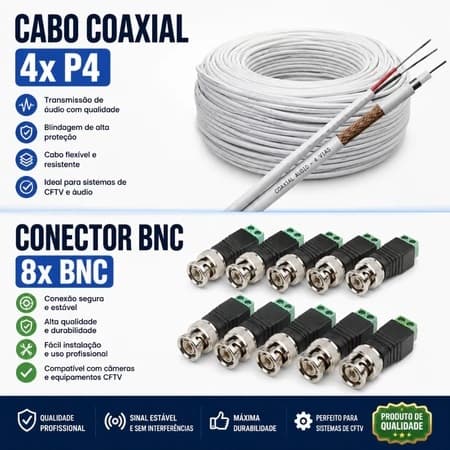 Kit P/ Instalação 4 Câmeras Segurança Conectores e Cabo 100M