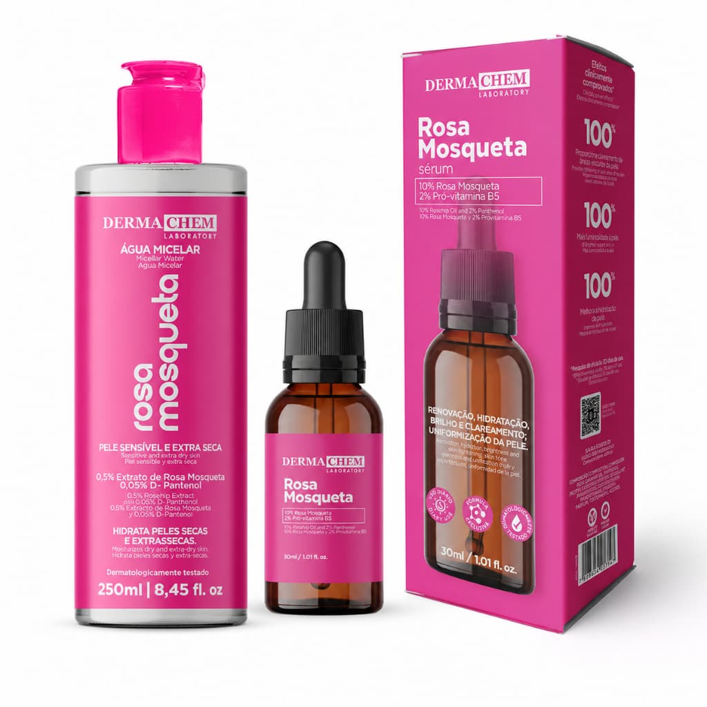 Kit Rosa Mosqueta Dermachem: Água Micelar 250ml + Sérum Facial 30ml Hidratação e Renovação da Pele