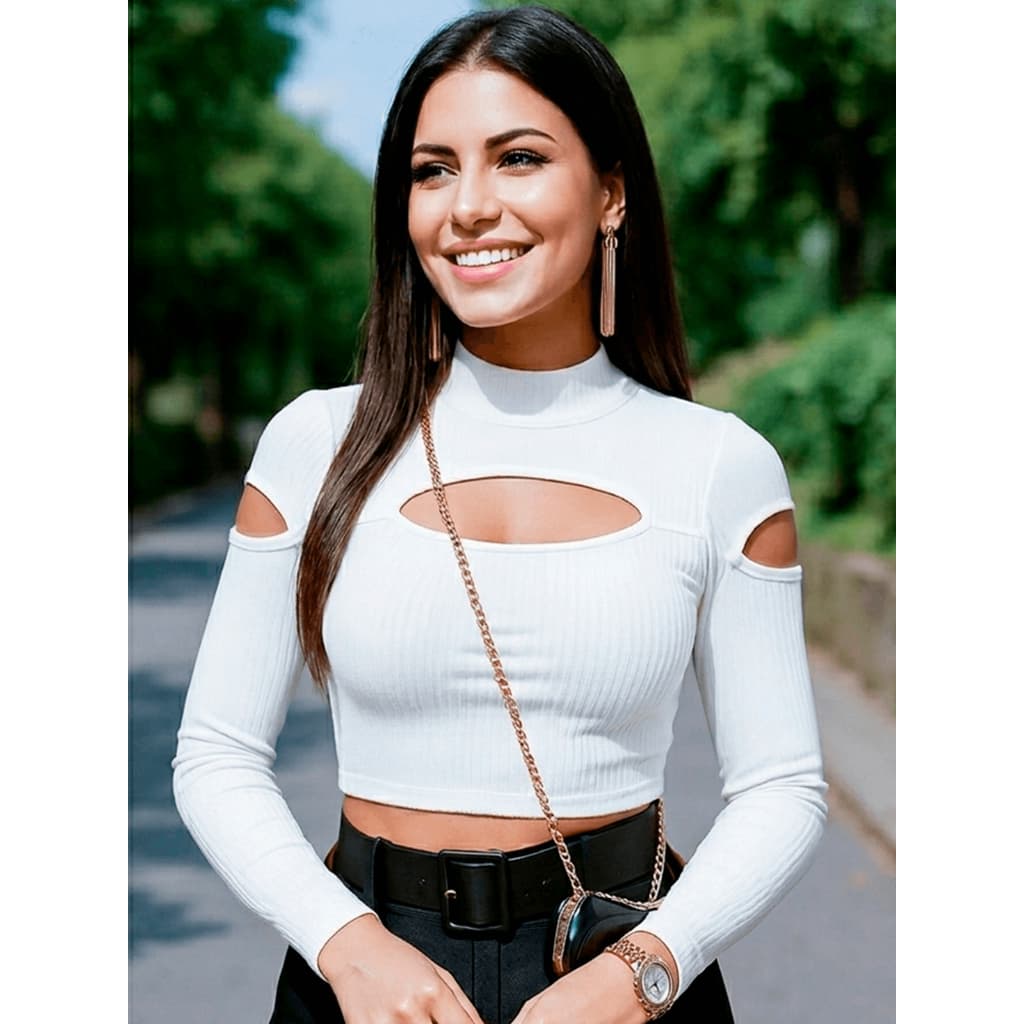 Blusa Cropped Feminina Canelada Manga Longa Decote Abertura Recorte Tendencia Moda Outono Inverno Promoção