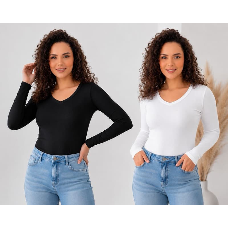 KIT 2 Blusa Manga Longa Feminina Decote V inverno Segunda Pele