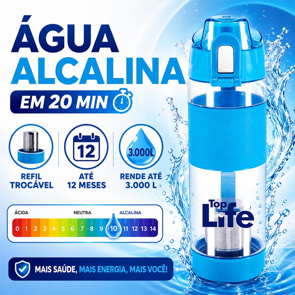 Garrafa Alcalina Top Life 650ml com Refil Trocável Reutilizável Para Água Filtrada