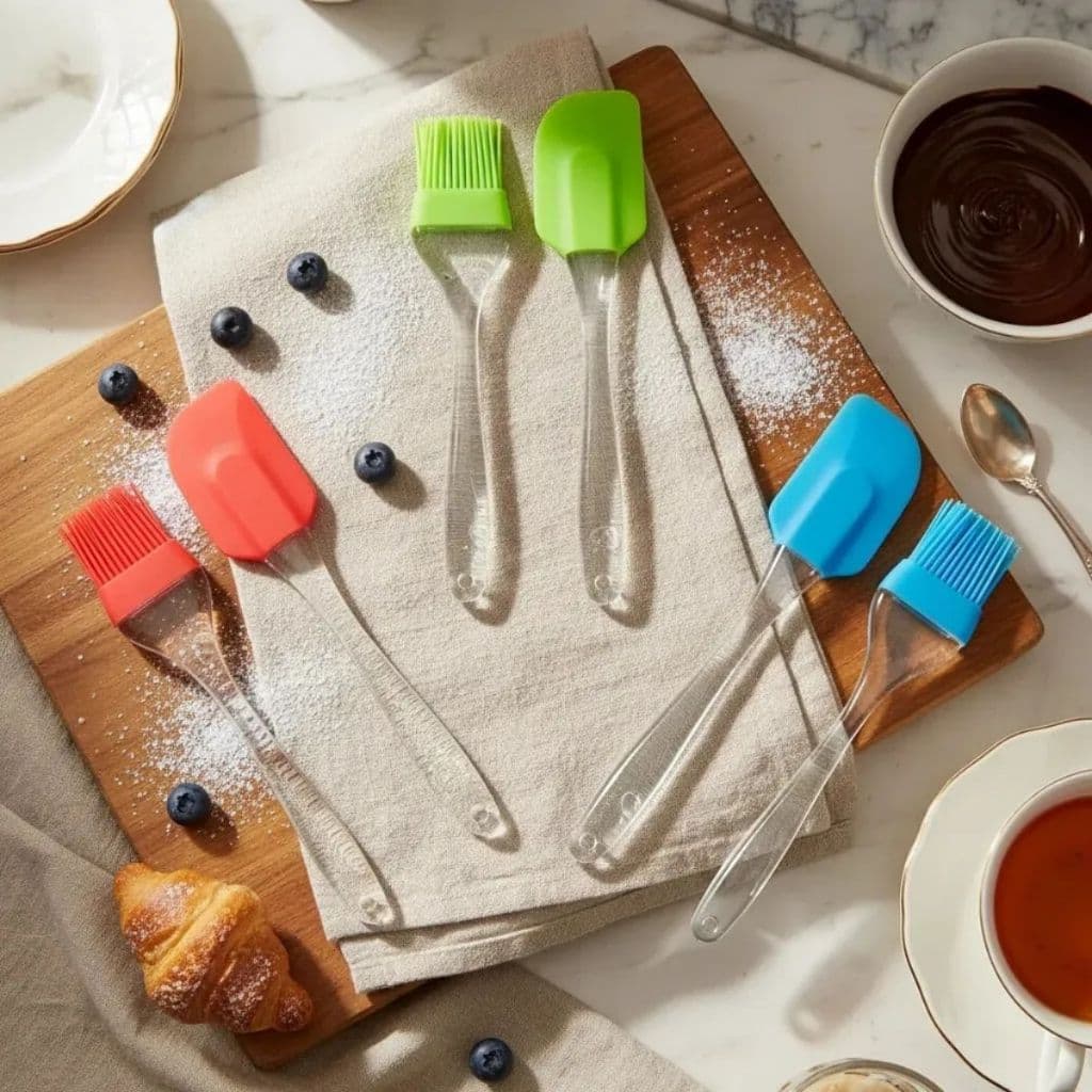 Kit Culinário 03 Espátula + 03 Pincel de Silicone Cabo Plástico Confeitaria Utensílios Cozinha