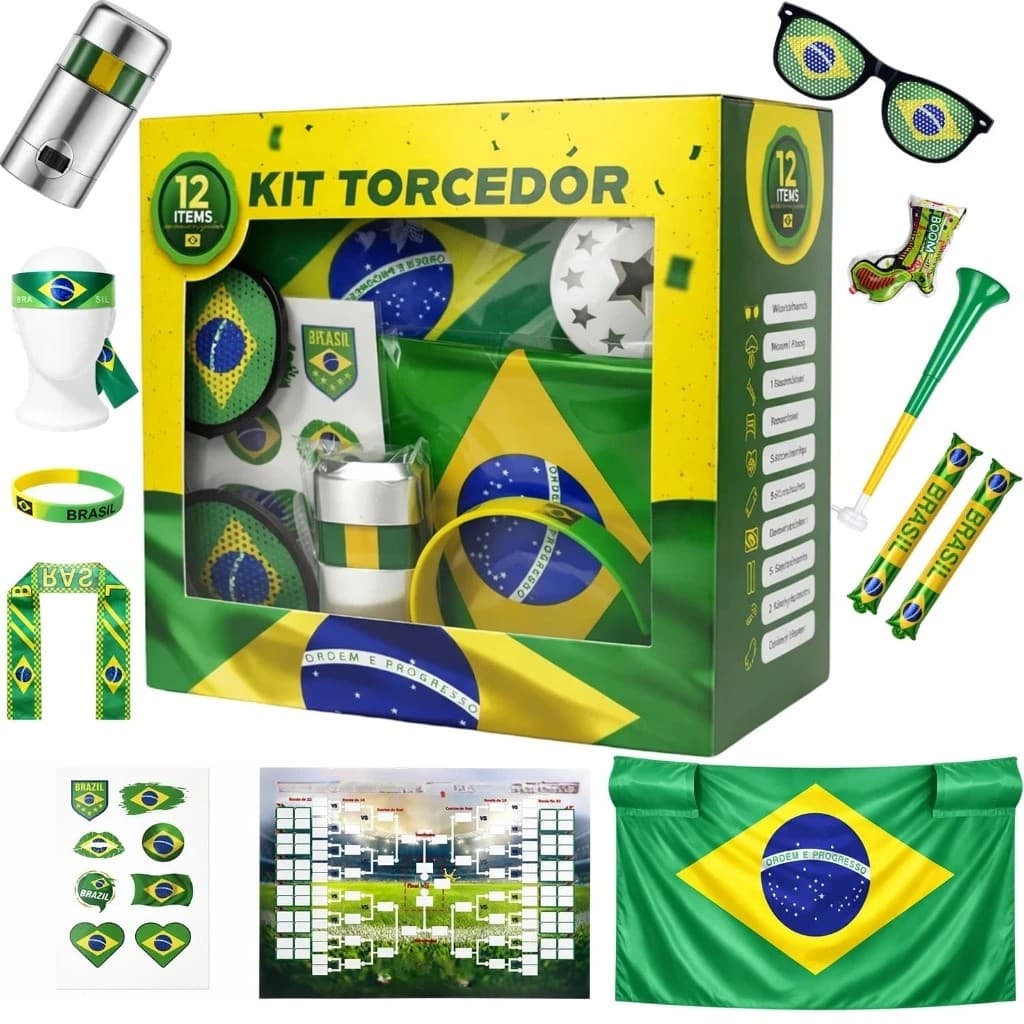 Kit Copa do Mundo 2026 Torcedor de Futebol Brasil 12 Itens Bandeira Comemoração Acessórios