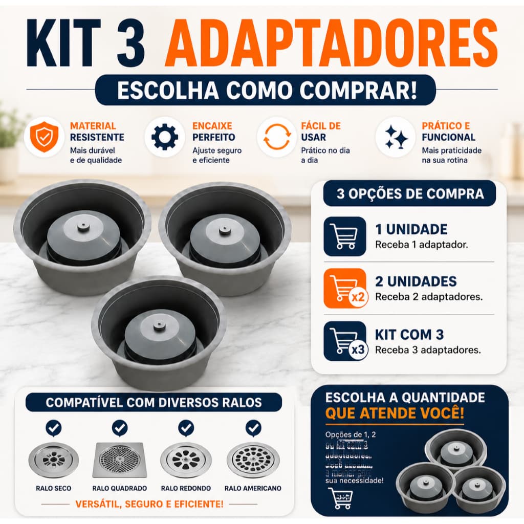 KIT com ATÉ 3 PEÇAS Adaptador Ralo Banheiro Tamanho 10x10 Tira Odor Mal Cheiro e Entrada de Insetos