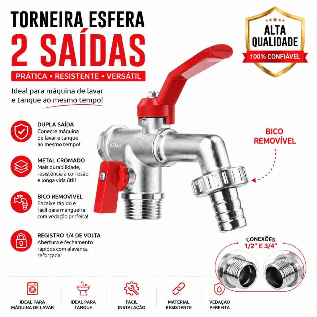 Torneira Esfera 2 Saídas Maquina Tanque Lavanderia 1/2 E 3/4 Metal Cromado Bico Removível