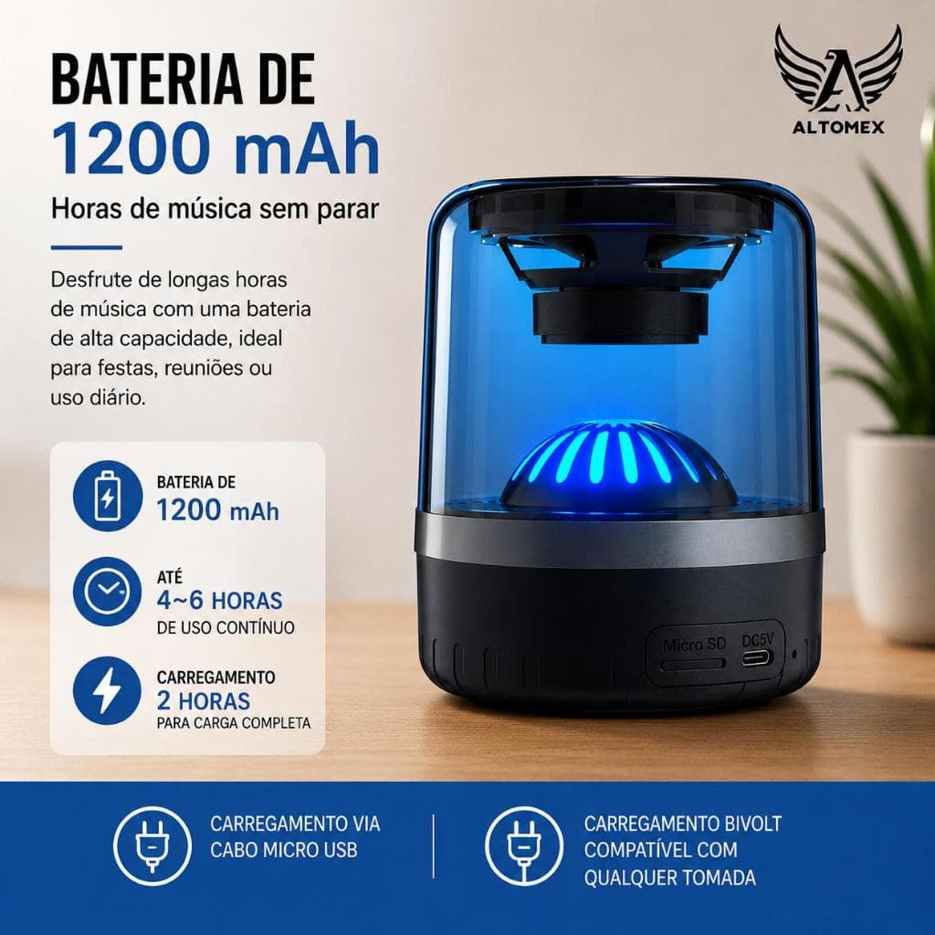 Caixa De Som Bluetooth Altomex AL8005 20W Portátil LED RGB Bateria 1200mAh Entrada USB Micro SD P2 top
