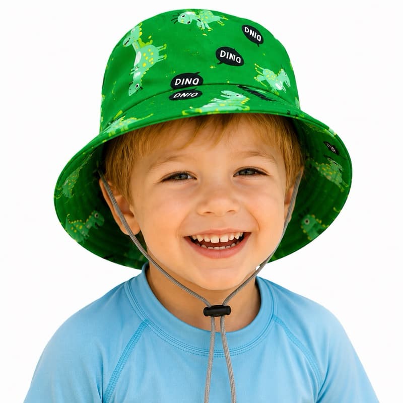 Chapéu de Praia Infantil UV Dinossauro Verde Masculino com Cordinha e Proteção UV50+