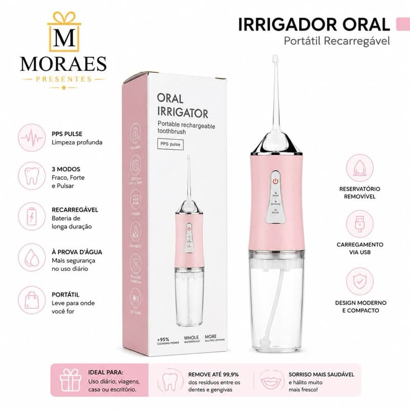🦷 Irrigador oral portátil recarregável USB. Disponível nas cores rosa e branco.