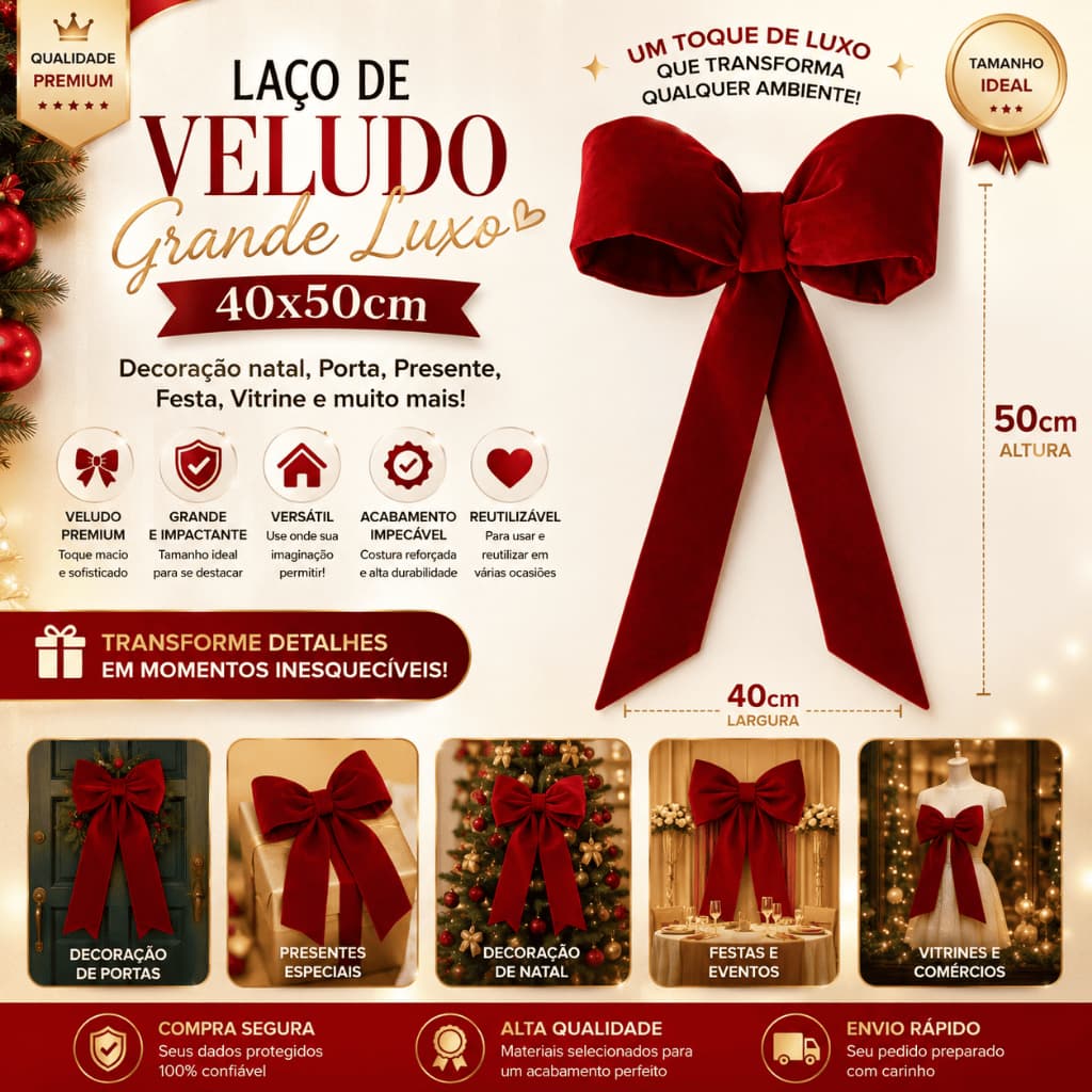 Laço Grande de Veludo Luxo 40x50cm – Natal, Porta, Guirlanda, Vitrine e Decoração