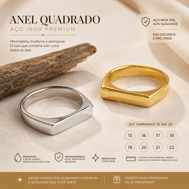 Anéis Minimalistas Quadrado Geométrico Anel Xuxa Unissex Aço Inoxidável Prata e Dourado