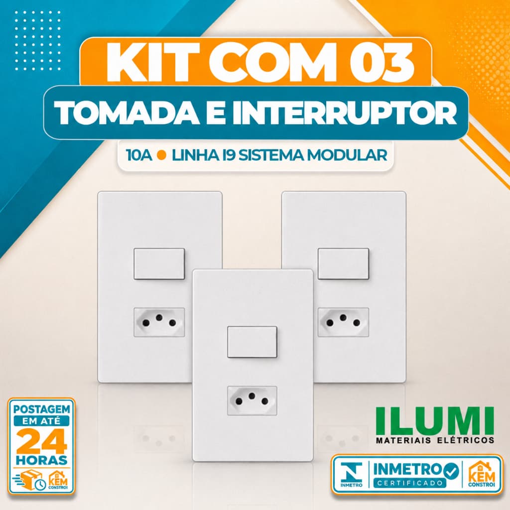 Kit 03 Interruptor E Tomada 10A Ilumi I9 Simples 4x2 Modular Espelho Branco