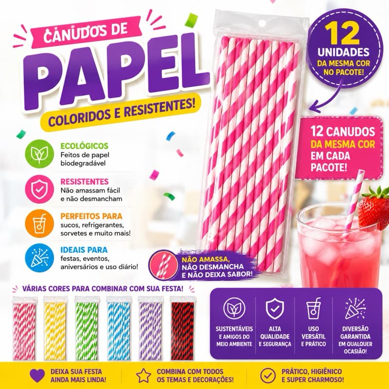 Canudos Papel Biodegradável Listrado Garca