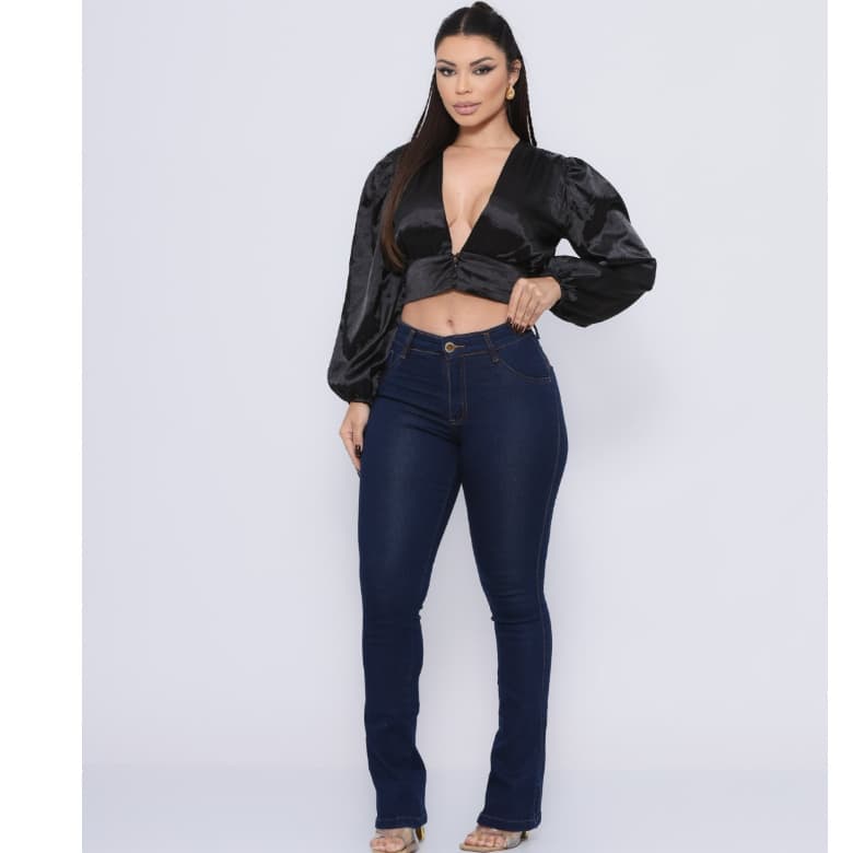 Calça Jeans Flare Com Calça Jeans feminina Lycra Com Bolso Atrás