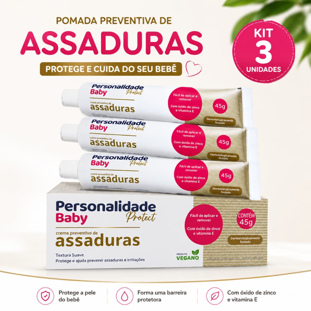 Kit com 3 Creme Pomada de Assadura Bebe 45gr Cada - Personalidade Baby