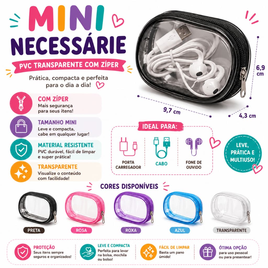 Mini Necessárie PVC Transparente com Zíper Porta Carregador Cabo Fone Organizador