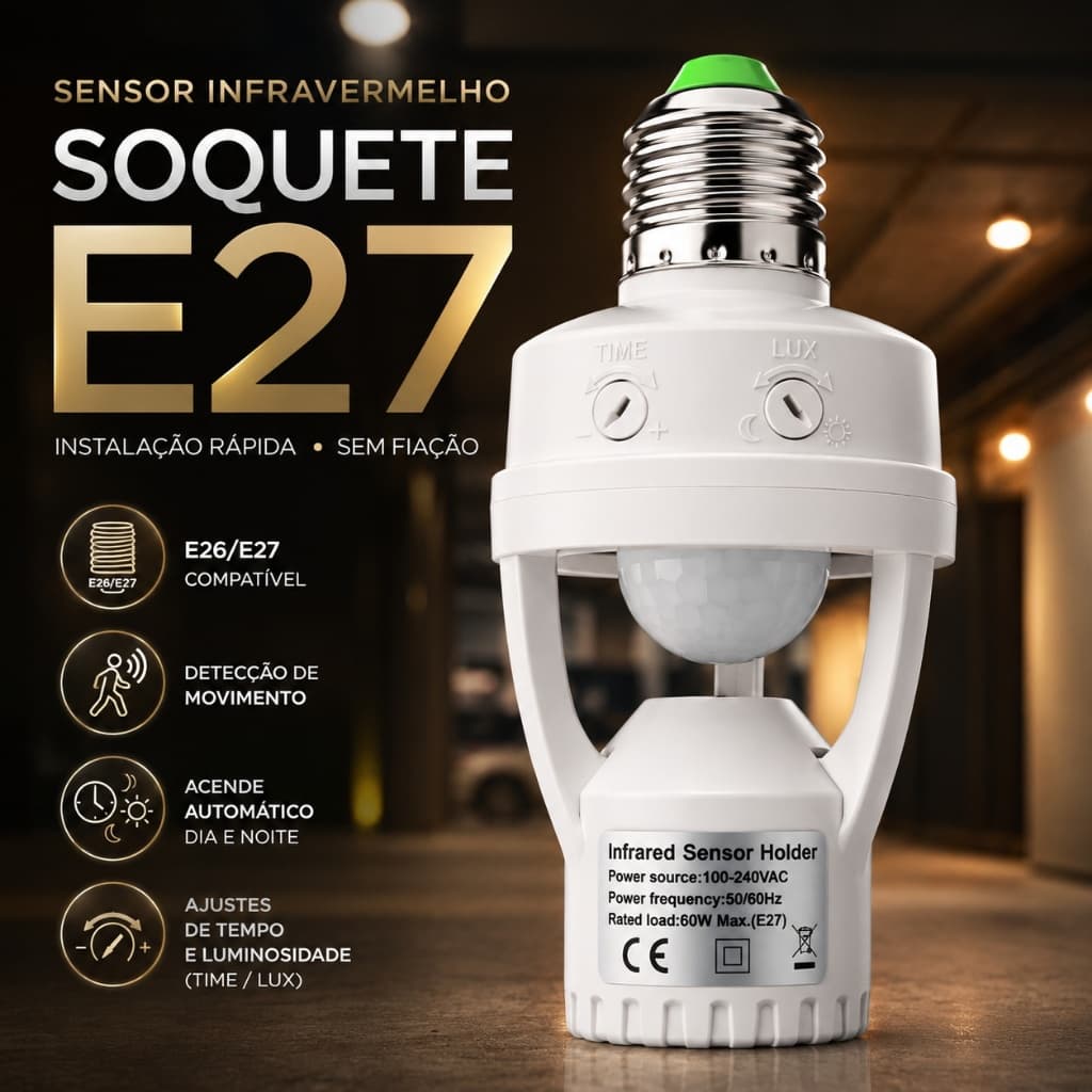 3 Kit Soquete com sensor de Movimento para Lâmpada E27, Liga Automático, Regulável para Qualquer Ambiente