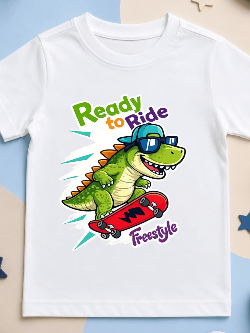 Camiseta Infantil Dinossauro Radical no Skate 100% Algodão Menino Confortável