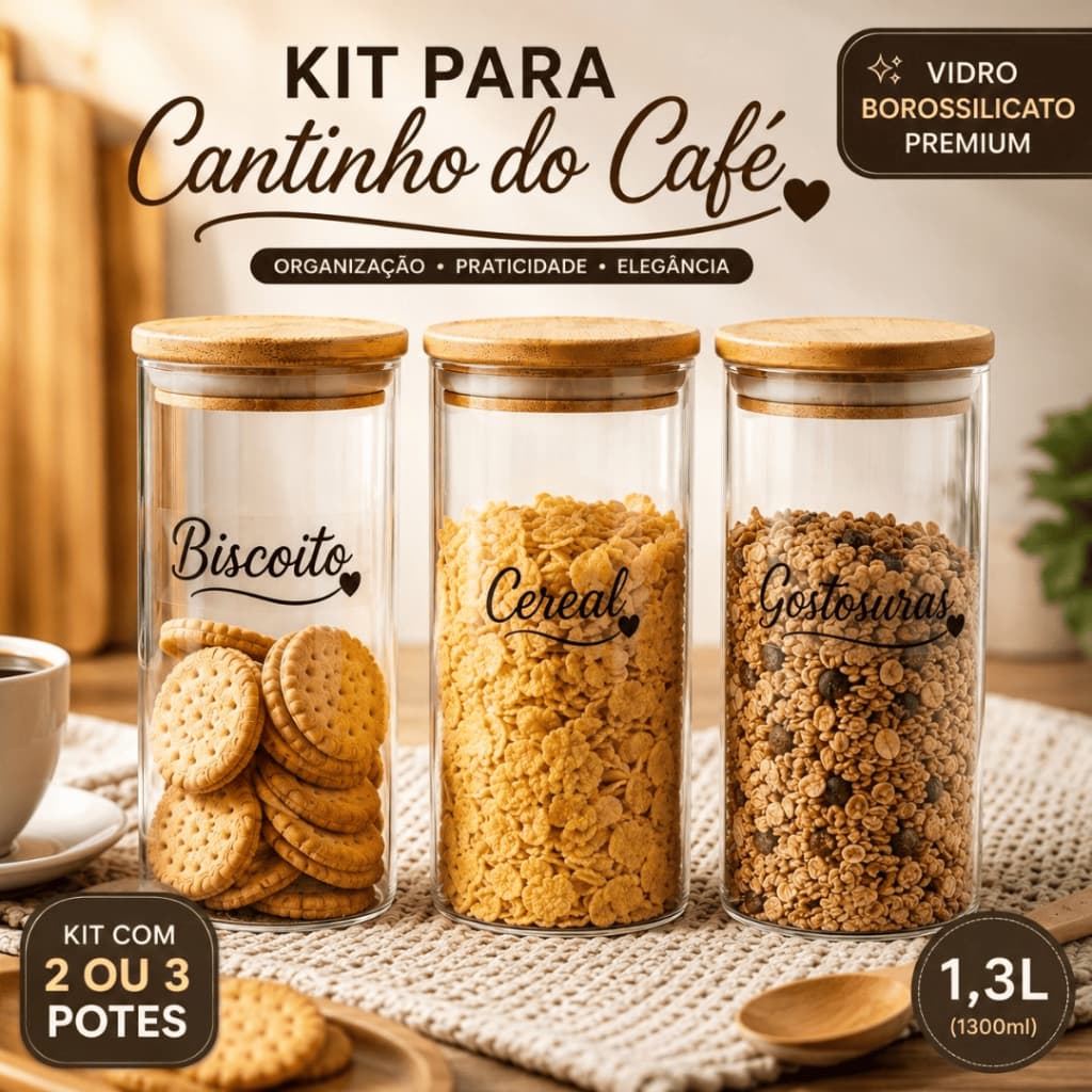 KIT Cantinho do Café Potes de Vidro Borossilicato 1300ml Tampa Bambu Personalizados