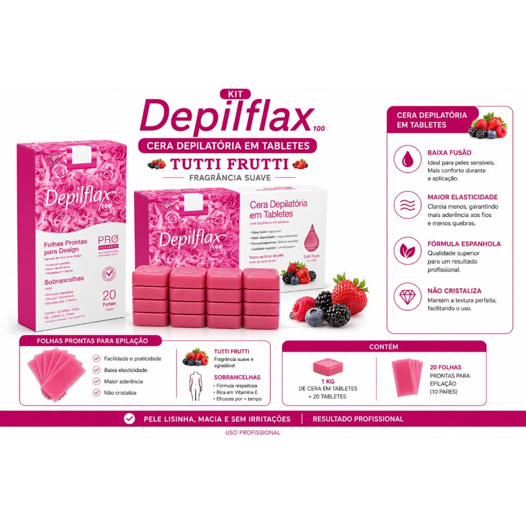 KIT Depilflax Cera Quente Depilatória 1Kg + 20 Folhas Prontas Depilflax Cera Depilatória