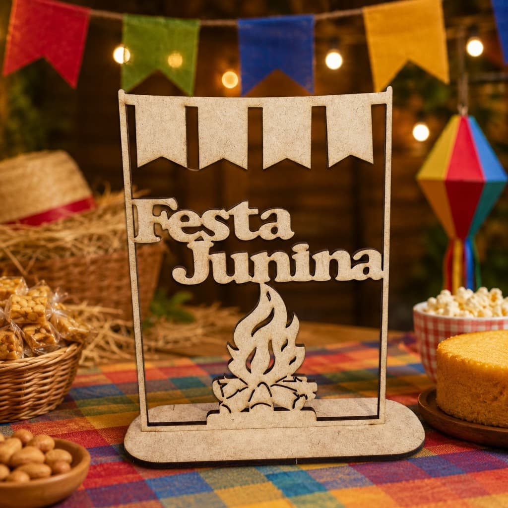 Centro De Mesa Placa Decorativa Display MDF Cru Fogueira Arraia Festa Junina