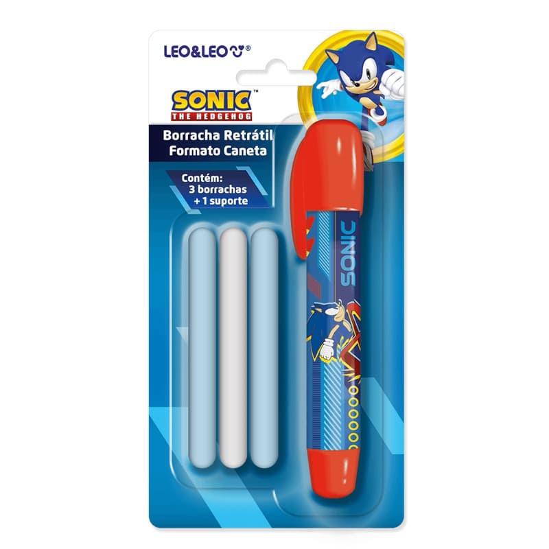 ✨Caneta Borracha Retrátil Sonic + 3 Refis Lançamento Escolar