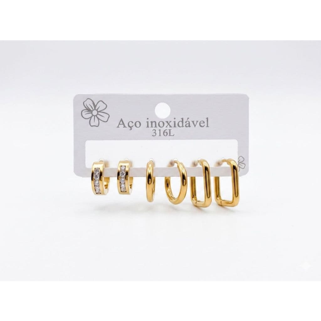 Trio de Argolas Aço Inox e Zircônias - Dourado / Prata
