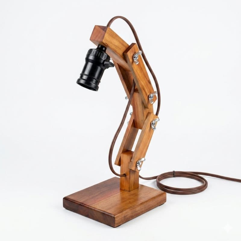 luminaria articulada de mesa 40 cm, quarto, escritório,  em madeira nobre, estilo robô, retrô,industrial