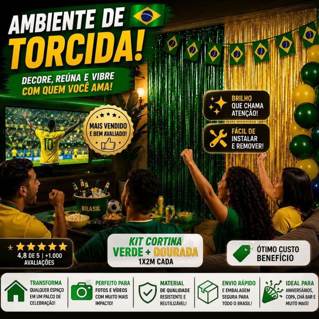 Cortina Metalizada Verde Dourada 1x2m Kit Festa Brasil Painel Aniversário Copa Decoração