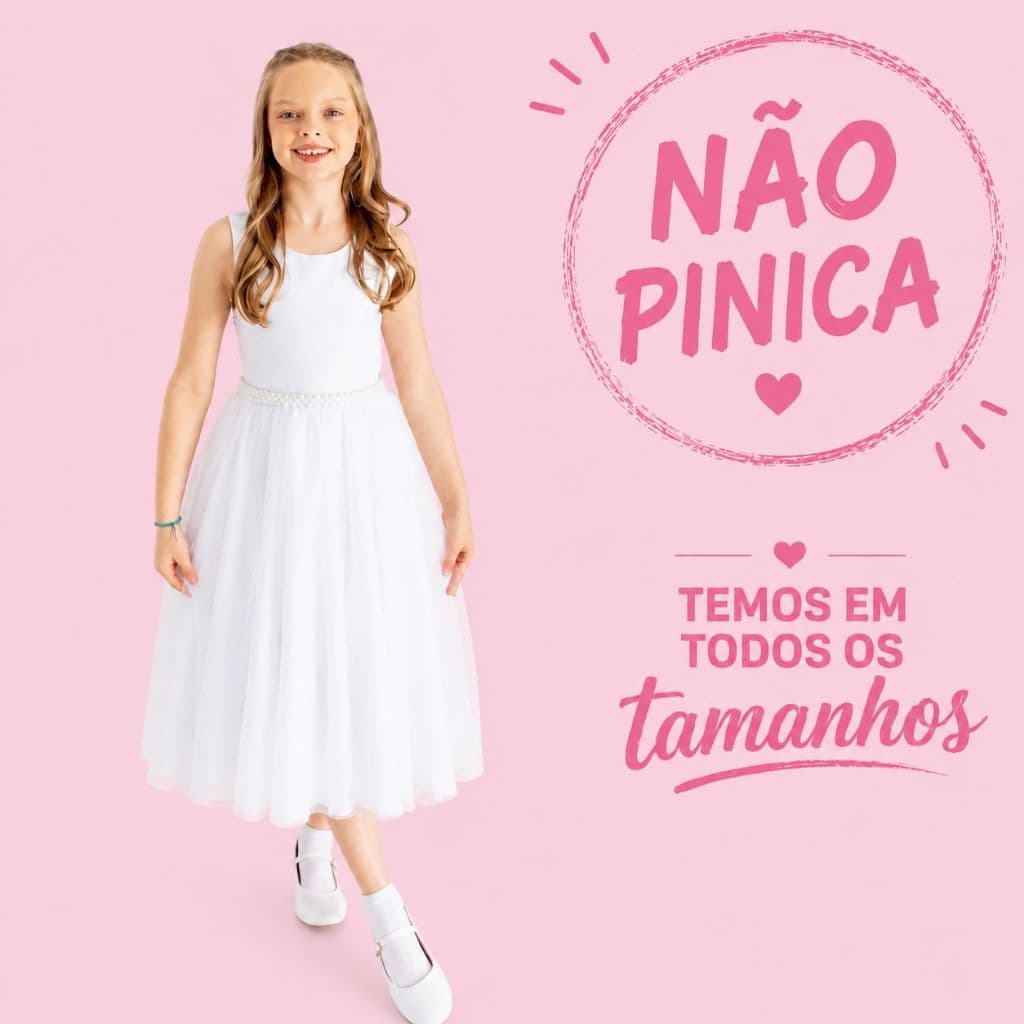 Vestido Midi Branco infantil Batizado Festa Aniversario Dama honra Casamento Florista REF2244